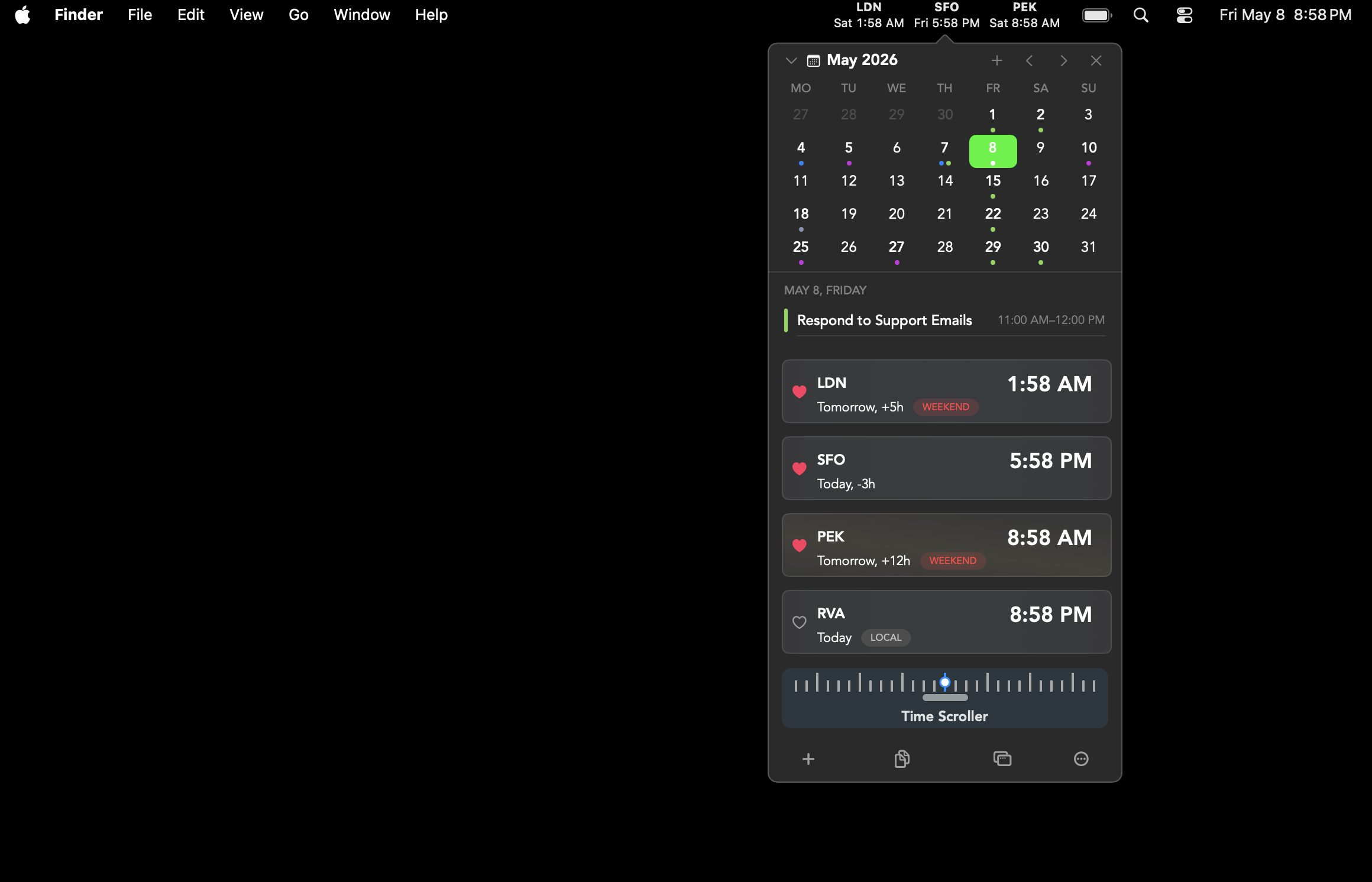 Clocker showing world times in the macOS menubar