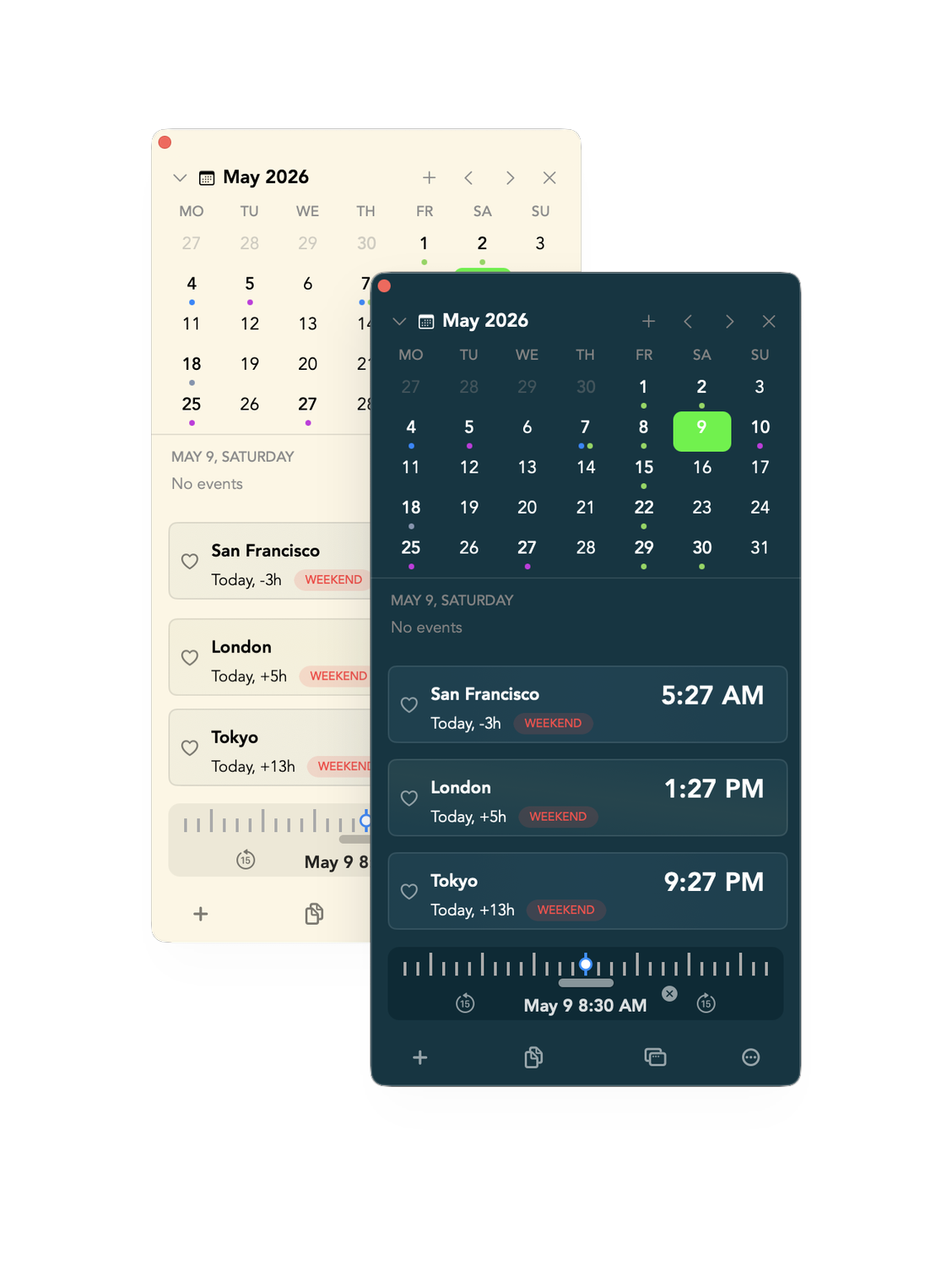 Clocker shown in light and dark themes
